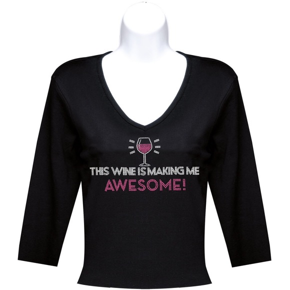 Chris’s Stuff 3/4 Sleeve Bling Humorous Wine Tee - Picture 1 of 8